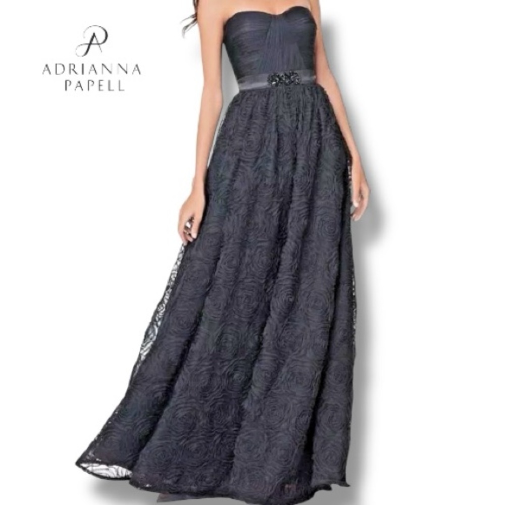 Adrianna Papell Ball Gown Black Pleat Bodice Tulle Rosette Prom Dress | Sz 10